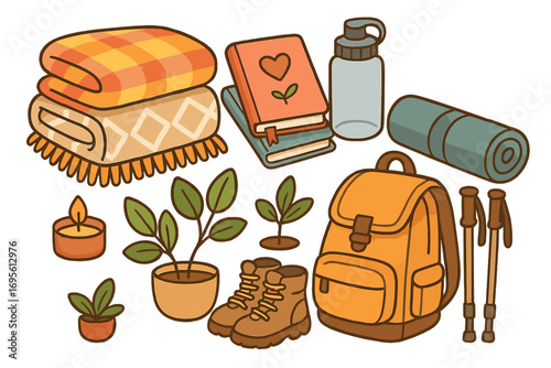 Cozy self care and hiking gear collection for wellness and mental health. Vector set with blanket, journal, backpack, boots for hobby, travel and hygge lifestyle.