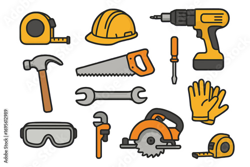 Construction tools and work equipment icon set. Vector cartoon illustration of a hammer, saw, drill, hard hat, and safety gear for building and repair projects.