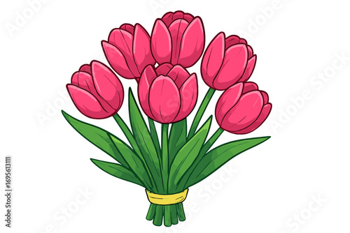 Bouquet of pink tulips vector illustration. Cartoon spring flowers for greeting card, Mother's Day, birthday, or anniversary gift. Elegant floral design element isolated.