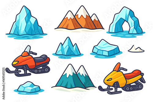 Winter vector set with cartoon snowmobiles, mountains, and icebergs. Collection of isolated icons for playful design. Arctic nature, extreme sports, and cold landscape elements.