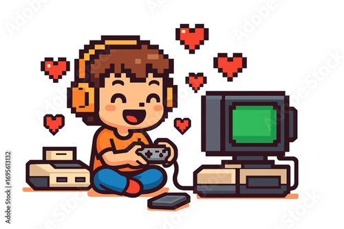 Pixel art gamer character playing retro video game. Cute happy boy with controller and headphones on vintage console. 8-bit gaming concept with hearts. Vector illustration hobby.