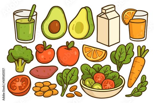 Plant-based food and beverage collection. Healthy eating for vegan diet. Fresh organic fruit, vegetable, smoothie, salad. Vector cartoon illustration icons set isolated.