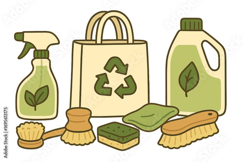 Eco friendly green cleaning supplies for sustainable household. Zero waste natural products. Reusable bag with recycle symbol, wooden brush, organic detergent. Vector set.