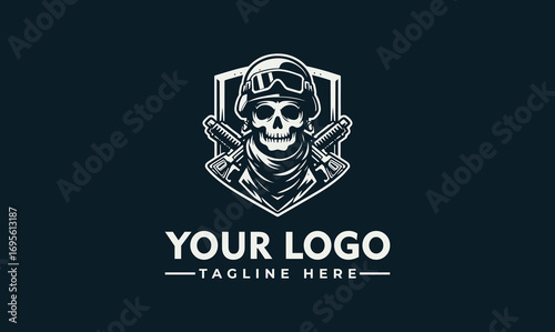 A stylized skull wearing a helmet, crossed rifles, and a shield, ready for action.