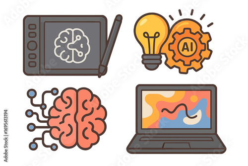 AI in creative process. Digital tools for art and design innovation. Artificial intelligence, technology, graphic tablet, brain, laptop icons. Vector cartoon illustration set.