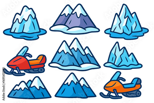 Cartoon winter icon set with snowmobiles, icebergs, and snowy mountains. Vector illustration collection for arctic adventure and polar exploration. Playful clipart elements.