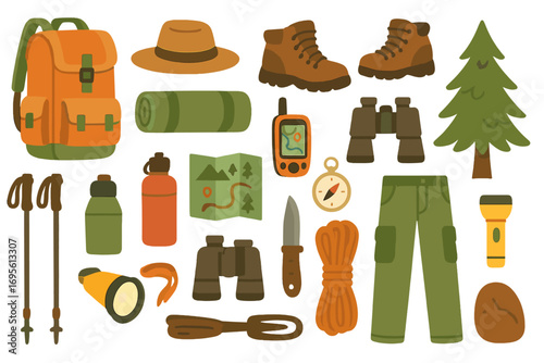 Hiking and camping equipment set for outdoor adventure. Vector cartoon illustration of travel gear essentials like backpack, boots, map, and compass for nature exploration.