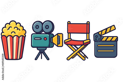 Movie making icon set. Cinema elements collection. Film production symbols. Popcorn, director chair, movie camera, clapperboard. Entertainment vector illustration isolated.