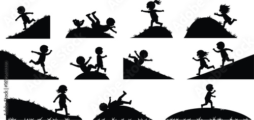 Children playing, kids running, rolling and climbing on grassy hill silhouette, childhood activity, outdoor fun, summer playtime, playful moments, vector illustration