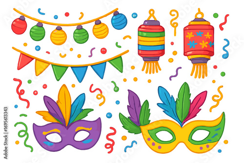 Carnival party decoration set. Festive vector elements. Mardi gras mask with feathers. Colorful confetti and lanterns. Holiday celebration illustration. Funfair festival design.
