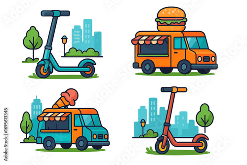 Vector illustration set of city life icons. Electric kick scooter sharing and food truck concepts. Urban mobility and street food with burger and ice cream vans. Flat cartoon.