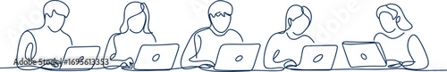 Continuous line art of diverse group working on laptops together, collaborative teamwork, remote work, digital office, productivity, technology use, business meeting, modern workplace