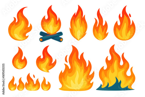 Fire flame vector set. Collection of cartoon bonfire, campfire with logs, burning sparks, and inferno icons. Isolated hot heat effect graphics. Energy and power symbols design.