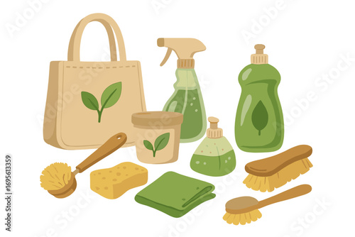 Sustainable household cleaning set. Eco friendly, zero waste products. Natural green detergent, soap, spray, wooden brushes, sponge and bag. Green home essentials vector concept.
