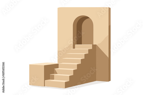 3D minimal staircase leading to an arch door. Abstract beige architecture. Concept of journey, career ladder, ambition, and steps to success. Future, goal, opportunity.
