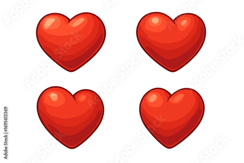 3d red love heart shape icon set. Vector cartoon illustration from different angles. Volumetric glossy romance passion symbol. Valentine's Day collection. Social media like.
