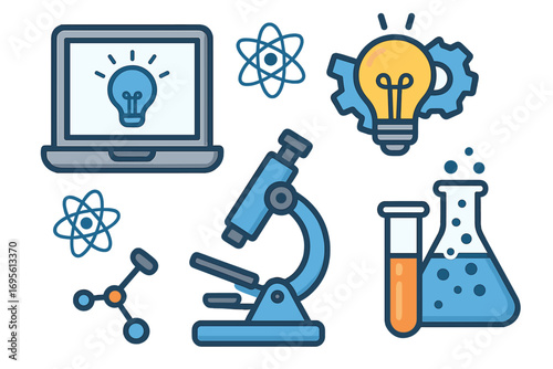 Science and technology icon set. Research, innovation, discovery concept. Vector illustration of laboratory equipment, microscope, chemistry, atom, molecule, and lightbulb idea.