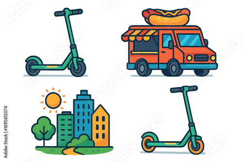 Vector icon set with electric scooters, food truck, and city scene. Urban transport and street food concept. Modern flat cartoon illustration collection for mobility, and city life.