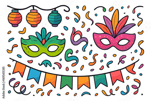 Carnival party decoration set with masks, confetti, lanterns and garland. Festive vector illustration for Mardi Gras or celebration. Colorful hand-drawn cartoon elements.