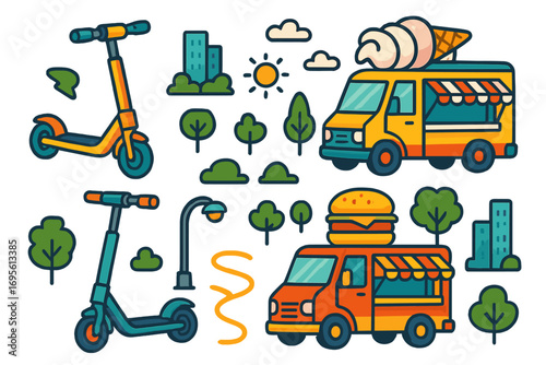 City life vector illustration set. Food truck, electric scooter, urban transport icons. Cartoon street food concept with burger, ice cream. Park and city elements flat graphic.