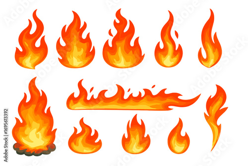 Vector cartoon fire flames collection. Set of various burning fire effects and bonfire icons. Hot blazing flare, campfire & inferno shapes. Red orange danger symbol isolated.