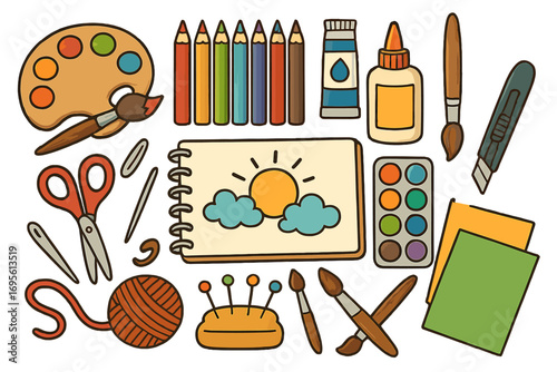 Art and craft supplies set for creativity and hobbies. Vector illustration of school tools for drawing, painting, and DIY projects. Back to school creative education concept.