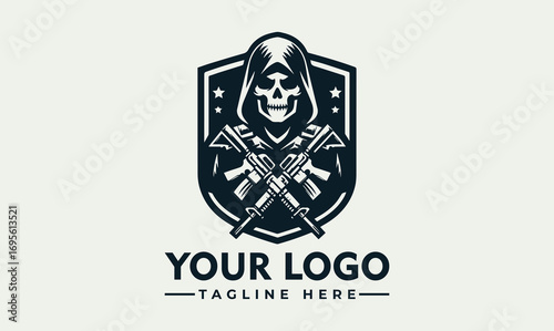 A stylized emblem featuring a skull-faced figure with crossed rifles, within a shield design.