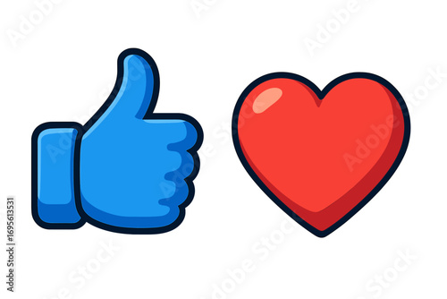 3D social media thumb up like icon and heart love shape. Vector cartoon illustration of user feedback symbols. Network engagement, app reaction button, approval sign set.