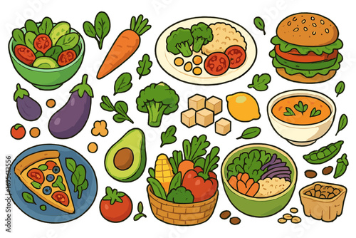 Plant based diet icon set. Healthy vegan food collection. Vegetarian meals like salad, veggie burger, pizza, soup and buddha bowl. Fresh vegetables cartoon vector illustration.