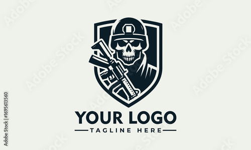 Skull soldier logo, holding rifle, wearing helmet and goggles