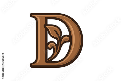 Elegant letter D logo design with floral ornament. Vintage brown serif initial for a classic monogram or emblem. Decorative alphabet symbol with nature leaf motif vector.
