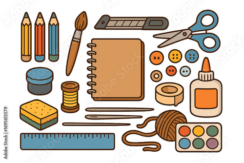 Crafting tools and supplies for creative hobby projects. Art and craft set. Vector school supplies illustration. Handmade DIY concept. Scissors, glue, paint, pencils, yarn.