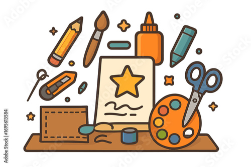 Art and craft supplies for creative hobbies and DIY projects. Vector cartoon illustration of an artistic workspace with tools like pencil, brush, scissors, glue, and paint.