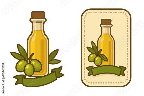 Olive oil bottle with green olive branch and ribbon banner. Vector cartoon illustration set for a logo, icon, or food packaging label. Natural healthy cooking concept design.