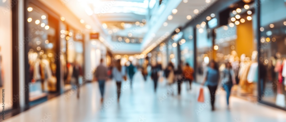 Fototapeta premium A blurred view of people walking and shopping inside a brightly lit, modern indoor mall with store displays on both sides