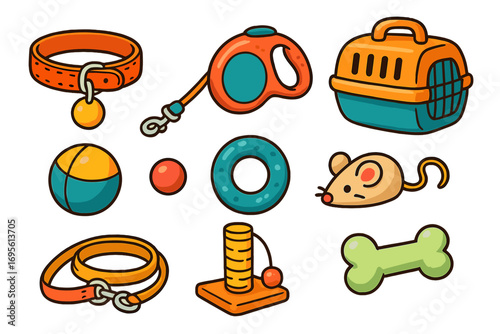 Pet accessories set vector cartoon illustration. Dog and cat supplies icons. Collar, leash, carrier, toys, bone, ball, mouse, scratching post. Pet shop or vet clinic elements.
