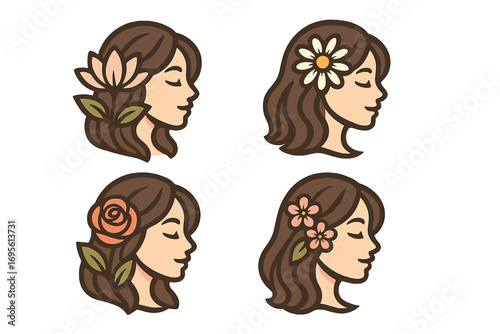 Set of beautiful woman profiles with flowers in hair. Vector logo illustration for beauty salon, spa, cosmetics. Natural organic concept. Feminine care, wellness, and harmony.
