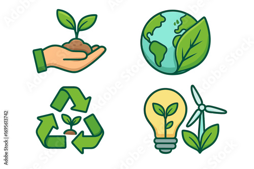 Eco friendly icon set for sustainability and environment protection. Green energy, recycling symbol, plant growth and earth conservation vector cartoon collection concept.