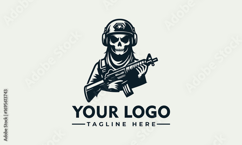 Skull soldier logo, holding rifle, wearing helmet and goggles