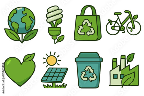 Eco friendly icon set for sustainability. Green energy and environment concept. Ecology conservation symbols. Recycling, solar power, go green illustration for earth day.
