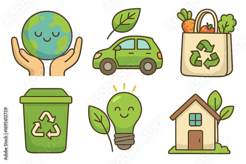 Cute eco-friendly cartoon icons promoting sustainability. Green lifestyle vector set with planet earth, electric car, reusable bag, recycling bin, and eco house concept.