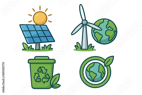 Renewable energy icons set with solar panel and wind turbine for green power. Eco friendly planet earth and recycling bin for sustainability. Vector cartoon illustration concept.