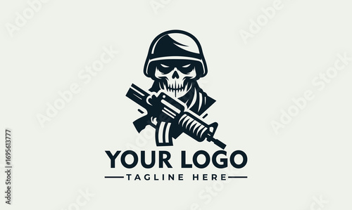 A stylized logo featuring a skull wearing a military helmet, holding a rifle, with text.