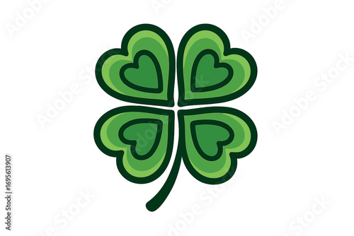 Four leaf clover logo design with heart shaped leaves. Vector illustration for good luck, love and St. Patrick's Day. Green shamrock symbol isolated. Abstract plant icon.