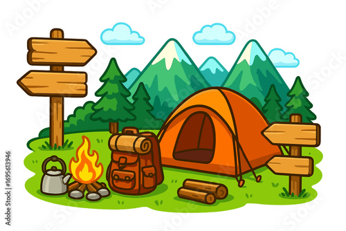 Explore nature with camping gear in a scenic mountain setting. Vector cartoon illustration of a campsite with a tent, campfire, backpack, and wooden signs for adventure travel.