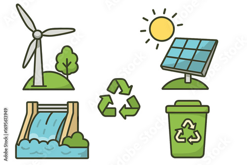 Renewable energy sources icon set. Wind turbine, solar panel, hydro power dam. Recycling symbol and bin for sustainable living. Green energy and ecology concept vector.