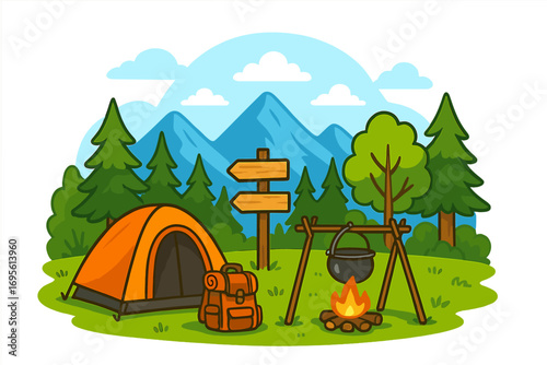 Camping scene with tent, campfire and backpack in a forest. Outdoor nature adventure with mountains. Summer hiking and travel exploration concept. Vector cartoon illustration.
