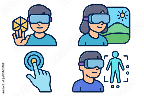 Augmented and virtual reality icon set. Man and woman characters wearing VR glasses in the metaverse. Digital world simulation, future technology, user interface design.