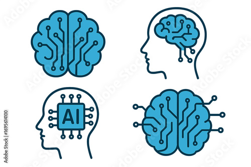 Artificial intelligence icon set. AI technology concept with a digital brain and head silhouette. Machine learning, neural network, and tech processor chip vector graphic.