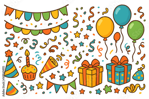 Big set of colorful party elements. Birthday celebration cartoon vector illustration. Doodle collection with gift, balloon, confetti, hat, cupcake for holiday design isolated.